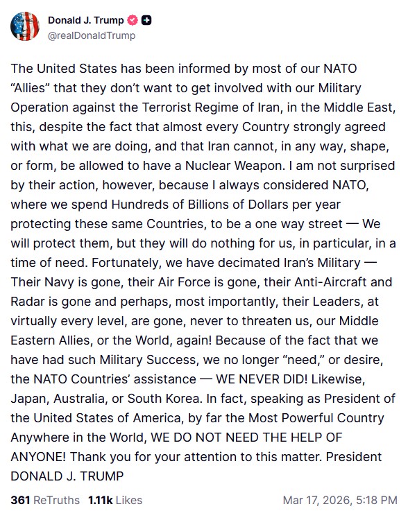 Τραμπ: Ούτε θέλουμε ούτε χρειαζόμαστε τη βοήθεια των συμμάχων μας-1