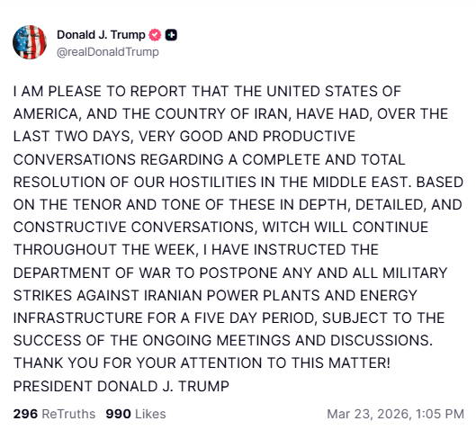 Ο Τραμπ «παγώνει» όλες τις επιθέσεις σε ενεργειακούς στόχους του Ιράν – «Είχαμε παραγωγικές συνομιλίες»-1