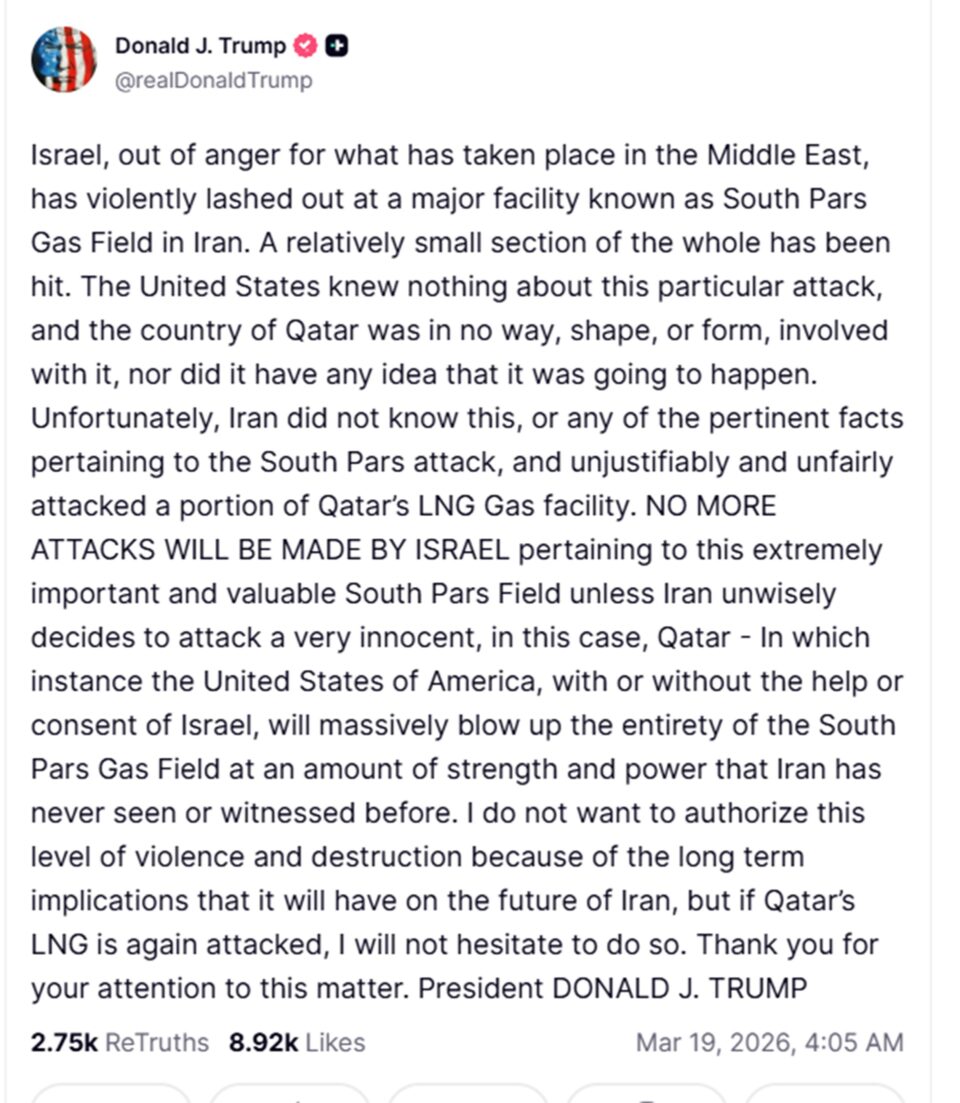 Νέες απειλές Τραμπ μετά από ιρανικό πλήγμα σε μονάδα LNG του Κατάρ-1