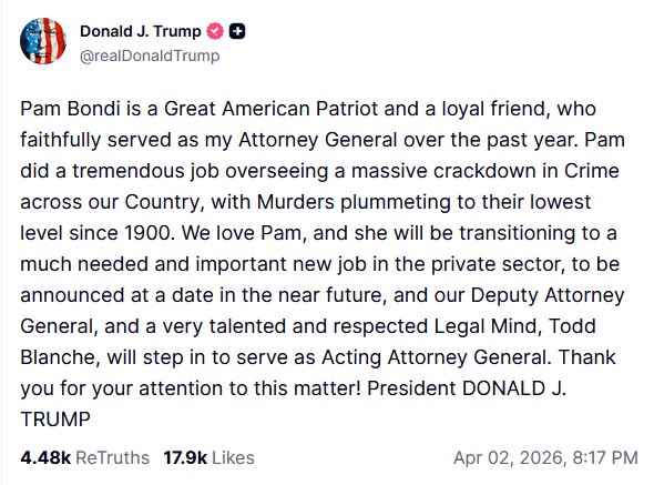 Ο Τραμπ «καρατόμησε» την υπουργό Δικαιοσύνης Παμ Μπόντι-1