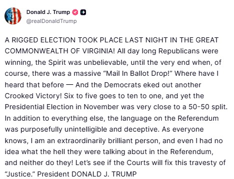 Τραμπ κατά Δημοκρατικών: «Νοθευμένο» το δημοψήφισμα για τον εκλογικό χάρτη στη Βιρτζίνια-1