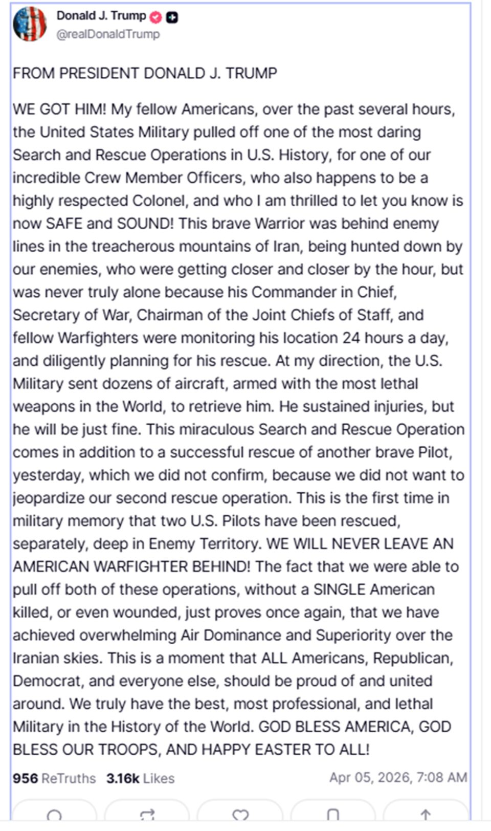 Τραμπ: Διασώθηκε ο Αμερικανός πιλότος του F-15 που κατέπεσε στο Ιράν-1